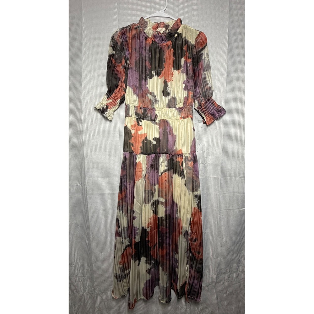Melloday Maxi Dress XS Grey Peach Abstract Pleated Metallic Shimmer Tiered